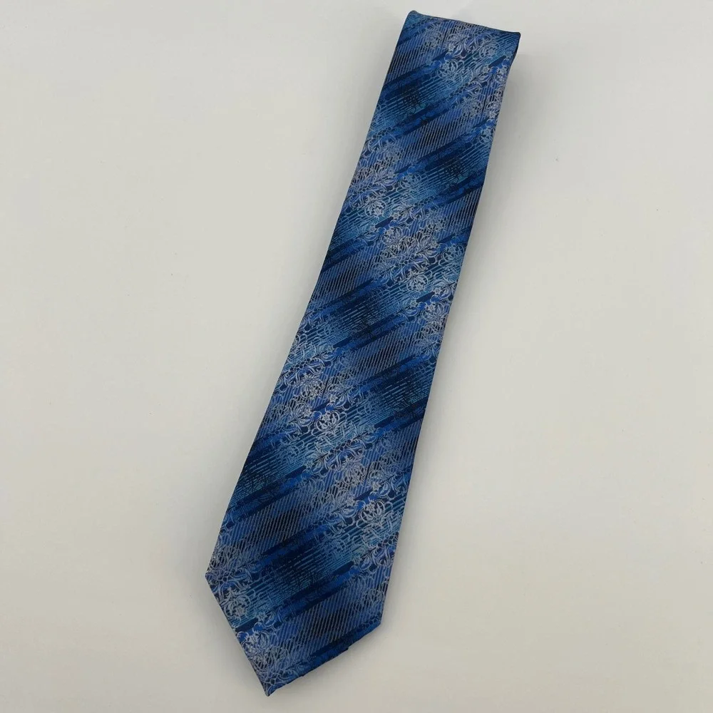 Stacy Adams Mens Blue Silver Floral‎ Damask Striped Microfiber Necktie